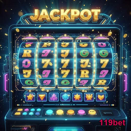 Imagem de máquinas de caça-níqueis ilustradas com o logo da 119bet para apostas em jogos de slots